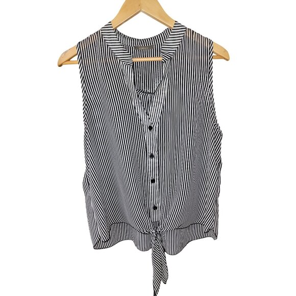 Libian Womens Black & White Striped Sleeveless Button-Front Blouse With Tie Hem - Picture 1 of 3